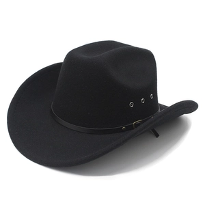 Classic black felt western cowboy hat with wide brim and leather band detailing