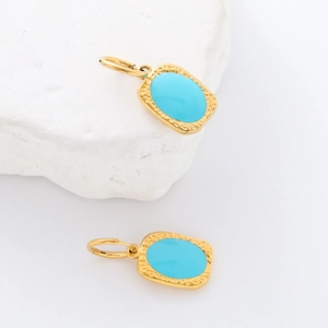 Retro square stainless steel gold earrings with hammered texture and sky blue enamel inlay