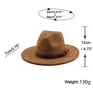 Detailed size guide of brown suede fedora hat with dimensions and belt detail