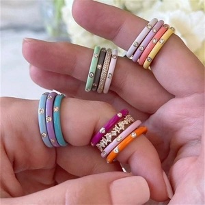 Colorful enamel zircon rings set in 18K gold plating for women's fashion jewelry style