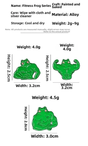 Detailed view of enamel pins showing muscular frog poses and alloy craftsmanship
