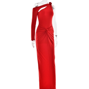 Detail view of red elegant one-shoulder evening dress with side knot and waist pleats