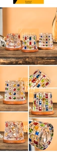 Detail of colorful whiskey glass with mosaic texture and solid wood base stand