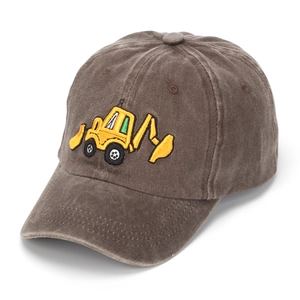 Close-up of vintage brown cotton baseball cap with yellow excavator embroidery detail