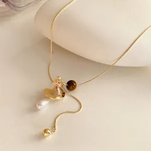 Tiger Eye Artificial Pearl Lariat Long Sweater Chain Necklace With Gold Plated Saturn Planet Pendant Vintage Style For Women