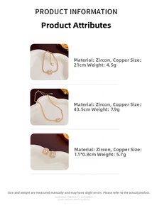 Detailed specs for zircon jewelry set showing dimensions of necklace, bracelet and earrings
