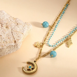 Bohemian double-layer star and moon necklace with blue beads and white shell pendant