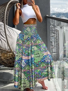 Bohemian maxi-rok met hoge taille, paisley-print en elastische band voor een zwierig effect