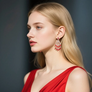 Close-up of model wearing baroque ruby droplet tassel earrings with sparkling rhinestones