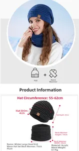 Detailed size chart for winter knit hat and scarf set with thick fleece lining and dimensions