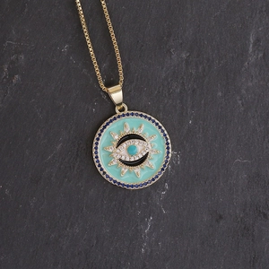 Zircon moon eye necklace with turquoise enamel evil eye pendant and gold chain