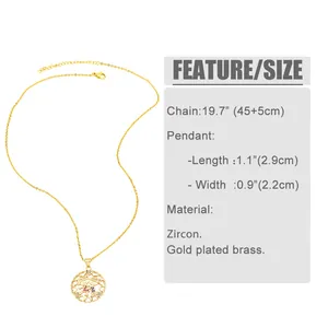 Size chart showing gold plated heart pendant necklace with zircon dimensions