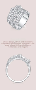 Macro detail of S925 silver moissanite ring showing multi-layer hollow crisscross design