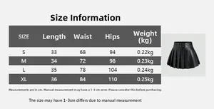Size chart showing S-XL measurements for high-waisted black PU leather pleated A-line skirt