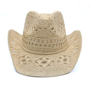 Detailed close-up of hollow woven straw cowboy hat featuring a wide wavy brim texture