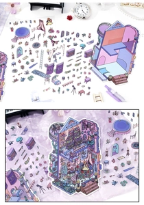 DIY 2.5D miniature house sticker set with purple cartoon furniture and scene decor