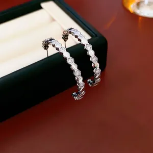 Hexagonal Honeycomb C Hoop Earrings With Silver Earring Post Copper Inlaid Zircon Geometric Chic Luxury Jewelry For Women