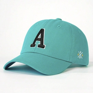Mint green baseball cap with embroidered letter A and adjustable strap for sun protection