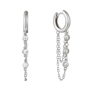 Elegant silver hoop earrings with dual fringe chains and sparkling zircon stone accents