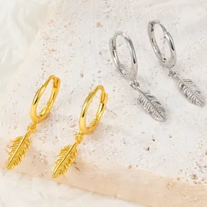 925 Sterling Silver Feather Hoop Drop Earrings For Women Elegant Gold Silver Plated Dainty Fashion Jewelry Ear Accessories