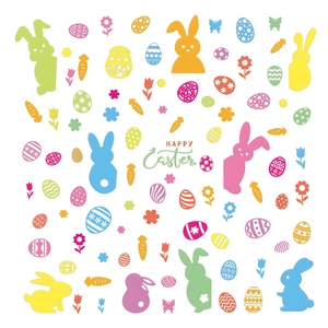 Happy Easter window stickers set with colorful cartoon bunnies, eggs, and flower patterns