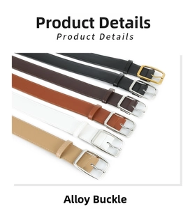 Detail showing five assorted leather belts with metallic square buckles in various colors