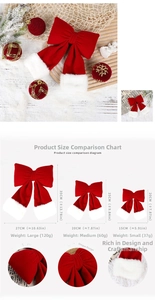 Size chart for large red velvet Christmas bows with white faux fur trim and dimensions