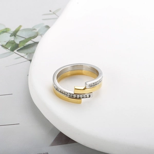 Two-tone layered rose gold plated titanium steel ring with sparkling crystals for women