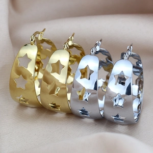 Chic hollow star stainless steel wide hoop earrings in gold and silver finish