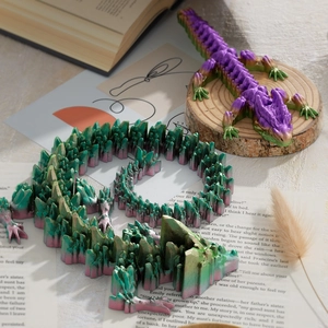 Macro detail of 3D printed articulated crystal dragon with metallic gradient texture