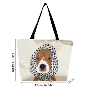 Sac cabas en toile blanc cassé avec motif beagle et dimensions 42cm x 30cm x 10cm