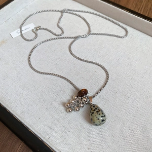Vacation style resin starfish necklace with wooden beads and Dalmatian jasper pendant