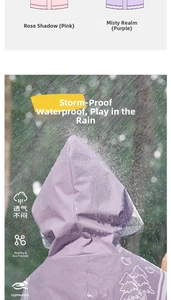 Waterproof purple EVA kids raincoat showing heavy rain protection and breathable material