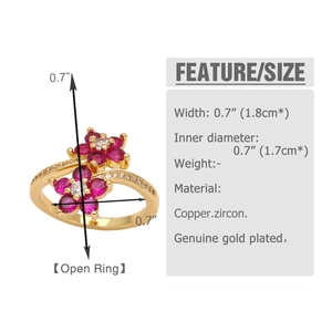 Detailed size specifications for the adjustable open ring with colorful zircon flower patterns