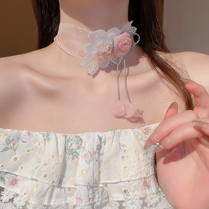 Floral Choker Necklace Pink Chiffon Rose Lace Embroidery Gauze Ribbon Romantic Sweet Elegant Accessory For Women