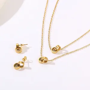 Layered Necklace And Earrings 18K Gold Plated Stainless Steel Interlocking Circles Geometric Fashion Jewelry For Women