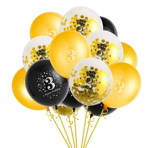 Detail of 3rd birthday party balloon set with gold and black latex balloons and sequins