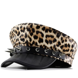 Leopard Print Flat Top Military Cap PU Leather Punk Rivets Navy Hat For Women Street Style