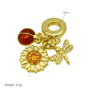 Detailed 29mm ladybug, dragonfly and sunflower charms in 18k gold plated copper