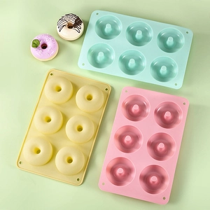 6-cavity silicone donut mold set in pastel green, yellow and pink for DIY baking cakes