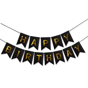 Elegant black and gold Happy Birthday banner for party decorations on white background