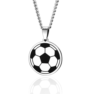 Polished stainless steel soccer pendant necklace with black enamel ball pattern on rope chain