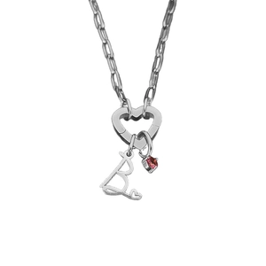 Titanium steel necklace featuring a heart buckle, cursive letter B charm and red stone