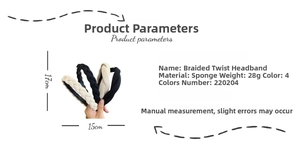 Detail view of woven braid headband with padded sponge core and size specifications