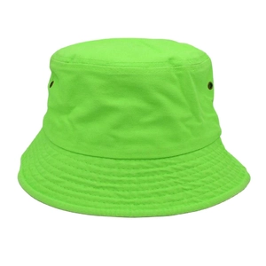 Detailed view of neon green cotton bucket hat with breathable metal eyelets for summer wear