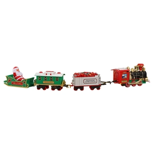 Electric Christmas train set with locomotive, carriages, and Santa Claus sleigh on white background