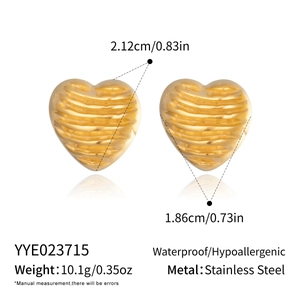 Detailed specs for gold heart stud earrings in waterproof hypoallergenic stainless steel