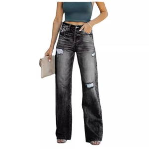 Damen Jeans mit hoher Taille, weitem Bein und Rissen in dunkelgrauer Vintage-Waschung