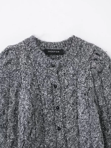 Detail of grey cable knit cardigan featuring puff sleeves and black round buttons
