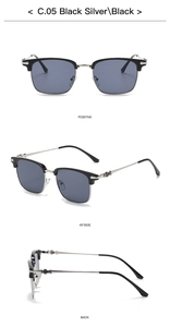 Detail view of semi-rimless sunglasses with silver cross metal embossed hinges